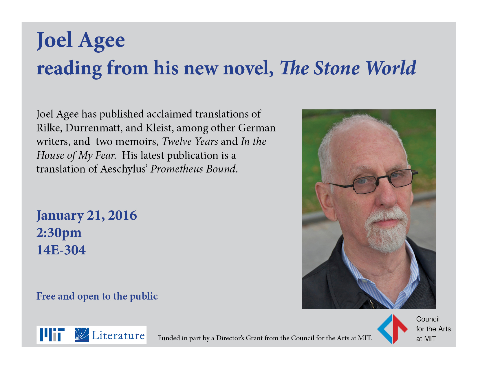 Joel Agee Reading Jan 21, 2016 at 2:30 in 14E-304