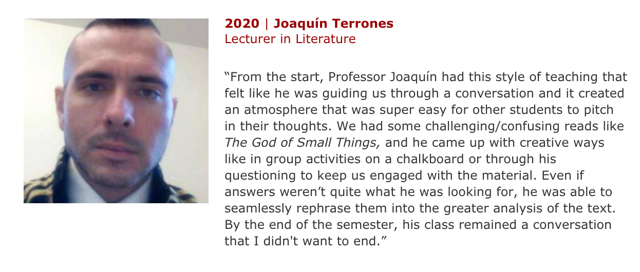 Congratulations Joaquín Terrones: 2020 Levitan Teaching Award Winner!