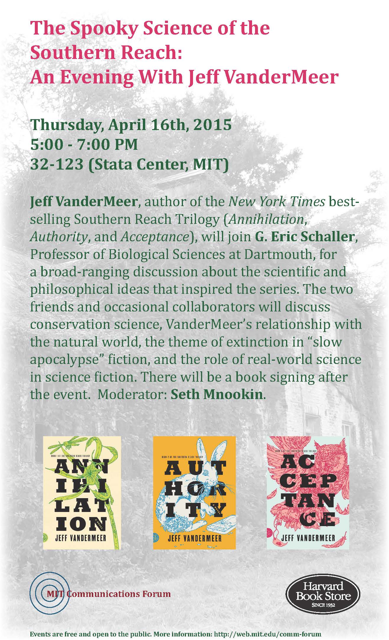 Communications Forum: The Spooky Science of the Southern Reach: An Evening With Jeff VanderMeer on Apr 16, 5pm