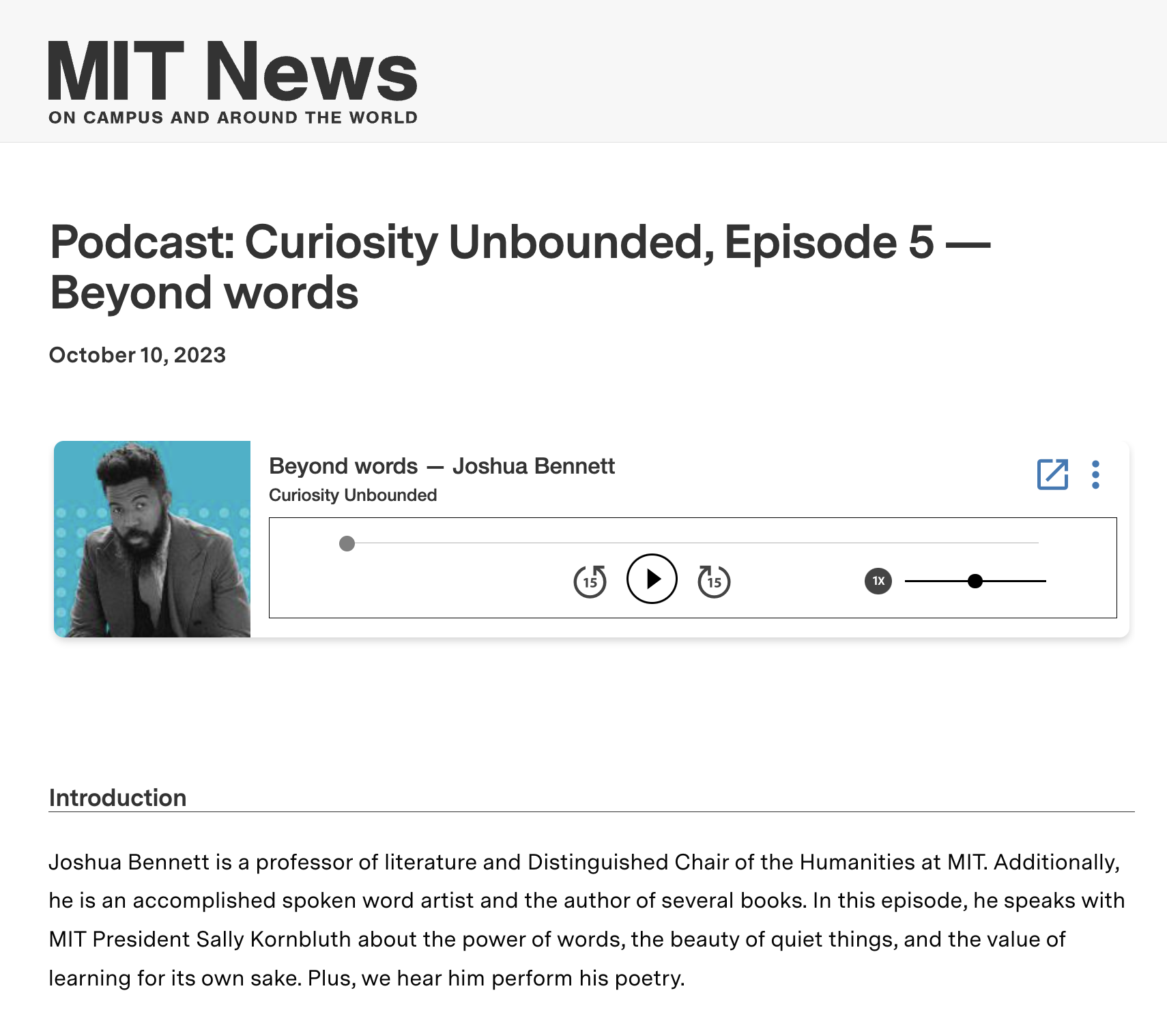 MIT News | Podcast: Curiosity Unbounded, Episode 5 — Beyond words with Prof Joshua Bennett & President Sally Kornbluth