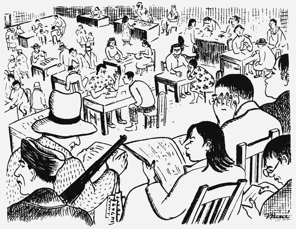 Black and white drawings of figures communicating with others one on one at various tables. Some people are raeding, some peopleh ave a third person at the edge of the table leaning over. A figure in the bottom left holds a long rifle. In front of him is a man in a large hat.